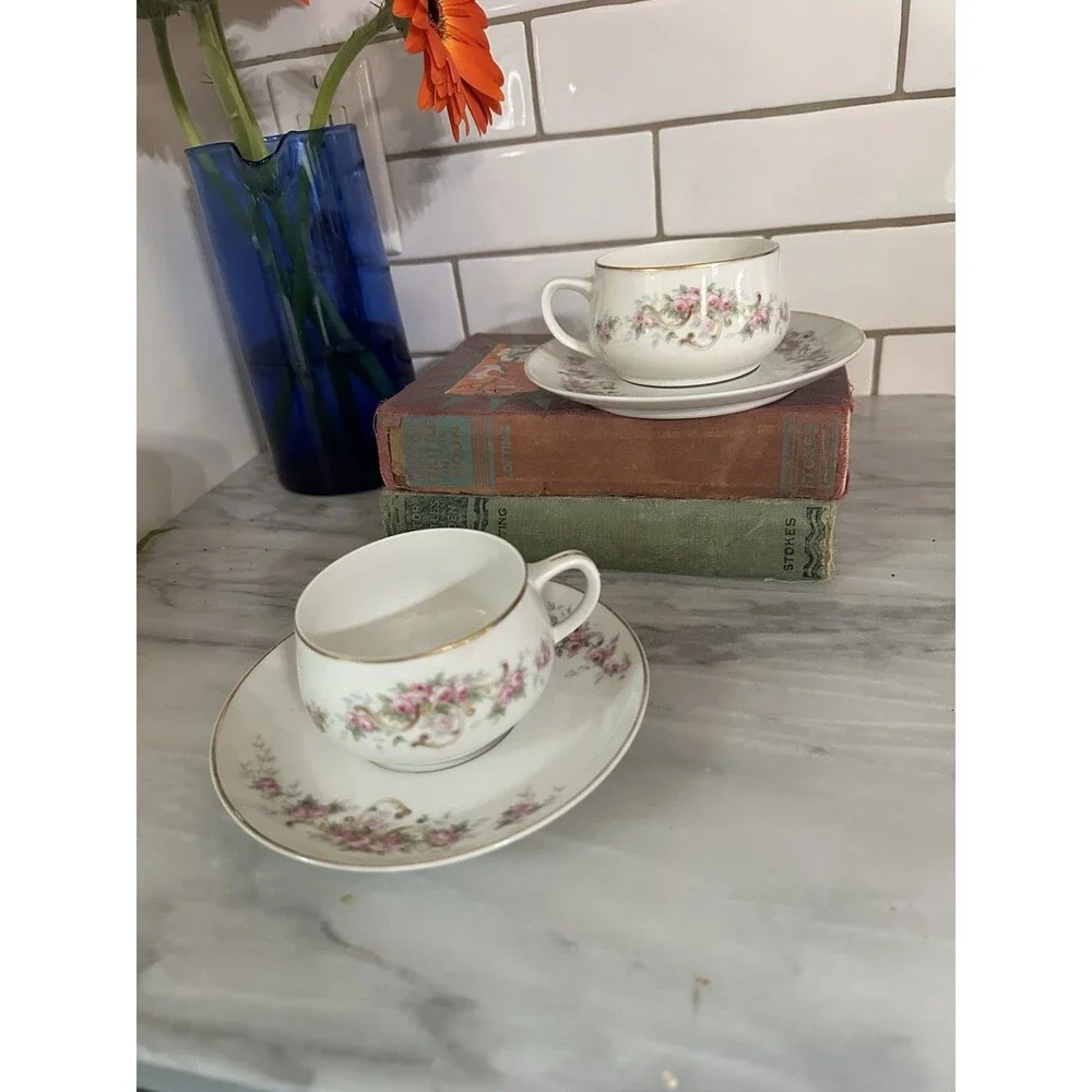 Vintage Selb Paul Mueller Set Of 2 Tea Cups & Saucers Gold Trim Pink Roses